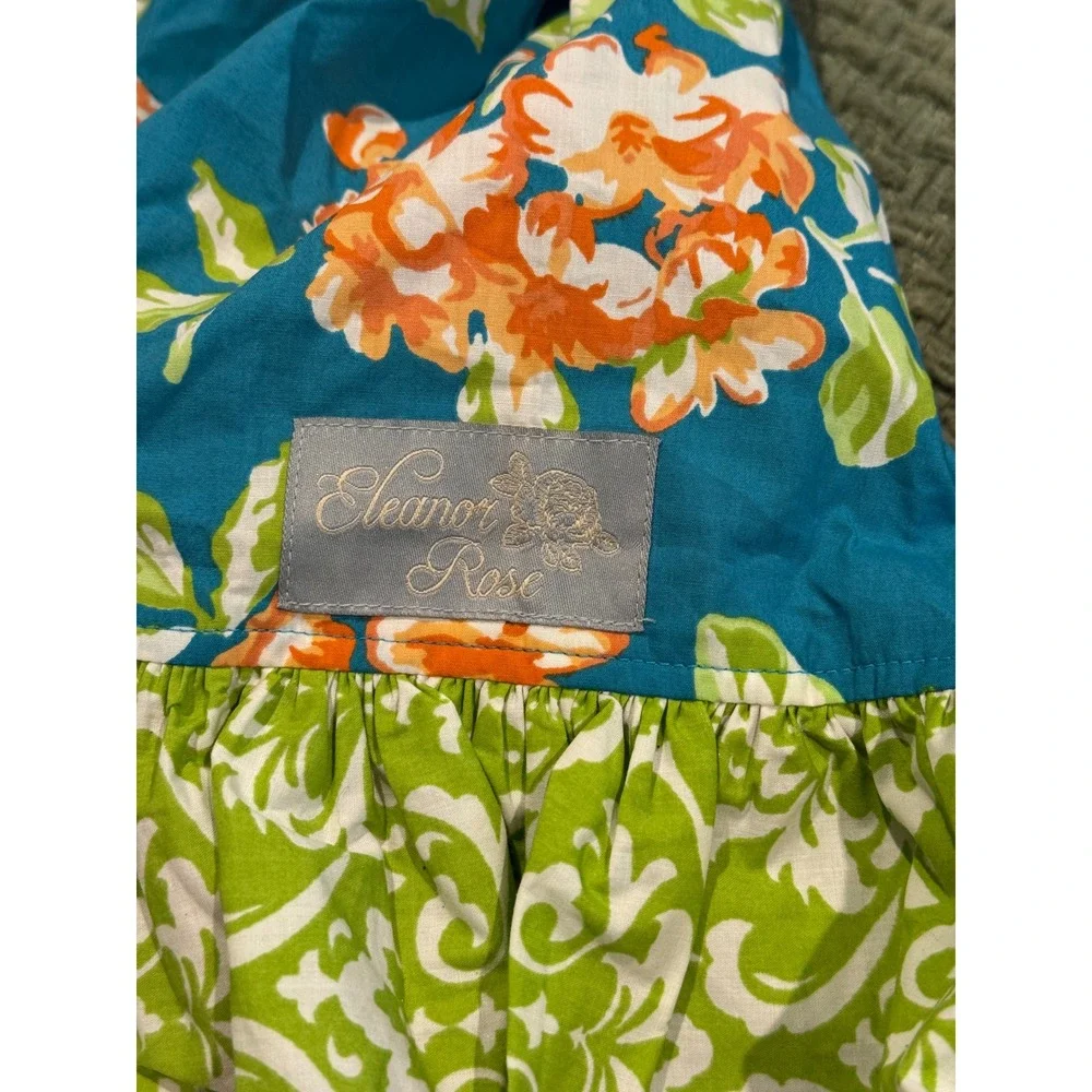 Eleanor Rose Girls Orange Teal Floral Striped Ruffle Dress Size 7-8 RHONDA 1198